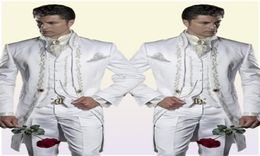 Custom Made Embroidery 3 Piece Groom Tuxedos Long White Men Wedding Suit Bridgroom Men Dinner Prom WearJacketPantsVest7542037