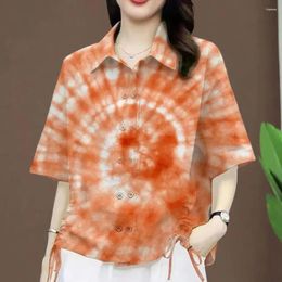 Women's Blouses Printed Double Breasted Top Soft Stretchy Stylish Tie Dye Print Shirt With Drawstring Design Casual Lapel For Summer