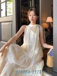 Casual Dresses Luxurious Beach Dress 2024 Summer French Fairy Midi Sexy Cake Sleeveless Lace-up Korean High Quality Evening