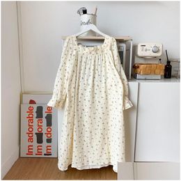 Womens Sleepwear Autumn French Elegant Nightdress Vintage Floral Square Neck Long Sleeve Pyjamas Princess Style Cotton Drop Delivery A Dhmdg