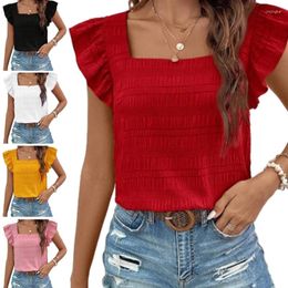 Women's T Shirts Elegant Square Neck Top With Delicate Textured Shirt Ruffle Short Sleeve Summer Casual Blouses For Women