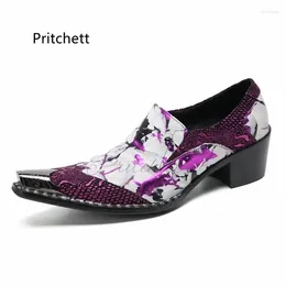 Dress Shoes Purple Gold Print Genuine Leather Business For Men Metal Pointed Toe High Heels Mixed Colors Slip-On Formal