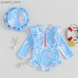 One-Pieces Baby Girl Swimsuit 2 Piece Set Round Neck Long Sleeve Leaf Zip Up Swimsuit + 3D Bow Swim Hat Infant Toddler Swimwear Outfit Y240412