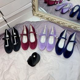 Casual Shoes Mary Jane Flat Women Pearl Satin Round Toe Shallow Cut Velvet Ballet Lightweight Large Size