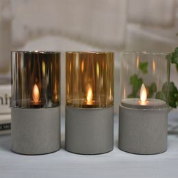 Set of 3 Dancing Flame Led Glass Candles Concrete candle holder Battery Operated pillar tube lights Christmas Wedding table Deco