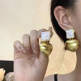 Dangle Earrings Exquisite Retro Brushed Gold Colour Heart Pearlescent Cube Accessories Female Personality Fashion Sisters Jewellery Gift
