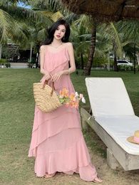 Casual Dresses 2024 Pink Ruffled Spaghetti Strap Vacation Long Dress For Women Elegant Slim Fashion Birthday Evening Party Simple