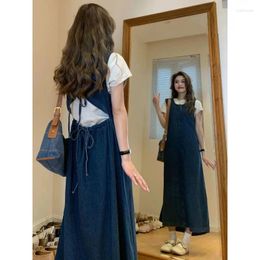 Work Dresses Women Two-piece Summer T-shirt With Sleeveless Denim Long Dress High-end Suit Loose Slim And Casual For