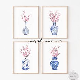 Traditional Blue White Chinese Vase with Cherry Blossom Flowers Art Posters Canvas Painting Wall Prints Pictures Room Home Decor