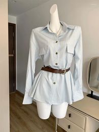 Casual Dresses Preppy Style Shirt Dress Blue Striped Design Elegant One-Piece Frocks Gyaru Kpop Polo A-Line Mori Girl Japanese Fashion