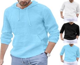 T Shirt Men Summer Streetwear Retro Cotton Linen Hooded Pocket Long Sleeve Men Tshirt Camisetas Hombre Plus Size M3XL258C4021380