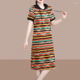 Party Dresses Casual Hooded Drawstring Midi Dress 2024 Summer Stylish Colourful Striped Female Clothing Contrasting Colours Short Sleeve