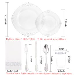 70Pcs Disposable Tableware Transparent Silver Plastic Tray With Disposable Silverware Glasses Birthday Wedding Party Supplies