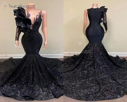 2022 Sexy Long Elegant Evening Dresses Mermaid Style Single Long Sleeve Black Sequin applique African Girl Gala Prom Party gown B04126018