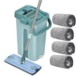 360 Rotating Flat Mop with Bucket Microfiber Squeeze Hand Free Wringing Floor Cleaning Kitchen Mops 240412