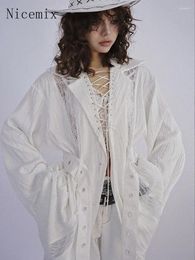 Women's Blouses Spring Retro Wrinkle Texture Tie Strap White Shirts Women Top Korean Fashion Outwear Loose Causal Mid Length