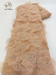 Luxury 3D Flower Lace Fabric Latest Glue Sequins Tulle Lace Fabric Embroidered Applique Nigerian Beads Fabric For Dresses Sewing