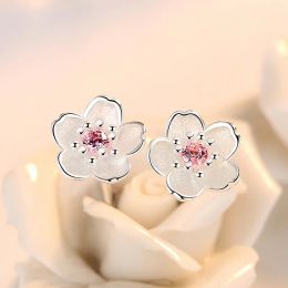 Cherry Blossoms Flower Crystal Stud Earrings for Women Silver Colour Women's Ear Jewellery Mother's Day Birthday Wedding Gift