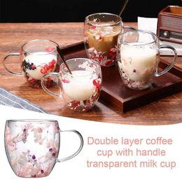 Water Bottles 250/350ml Double Layer Coffee Glass Cup With Handle Kitchen Flowers Transparent Milk Household Supplies Dry Filler N1f0