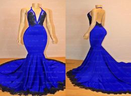 Royal Blue Mermaid Long Prom Dresses 2023 Halter Deep V Neck Backless Lace Appliques Sweep Train Formal Evening Dresses Red Carpet5915392