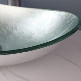ZAPPO Silver Bathroom Oval Glass Vessel Sink Basin Combo Waterfall Faucet Pop Up Drain Combo Set Washbasin Sinks Faucets Tap Set