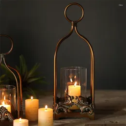 Candle Holders European Retro Iron Holder Hollow Hanging Bird Cage Glass Candlestick Living Room Lantern Home Decoration Crafts