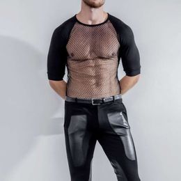 New Best-selling Transparent T-shirt with Slim Fit and Sexy Bottom, Fashionable Men's Hollowed Out Woven Black Top