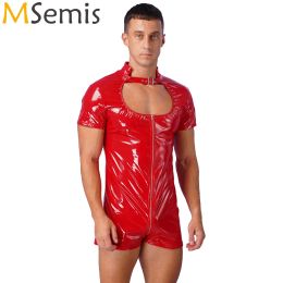 Shorts Mens Wet Look Patent Leather Cutout Bodysuit Short Sleeve Shorts Skinny Jumpsuit Zipper Catsuit Club Wear Pole Dance Costume