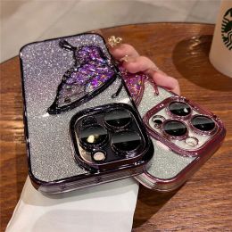 Gradient Glitter Butterfly Quicksand Plating Clear Phone Cases for iPhone 15 11 12 13 14 Pro Max Shockproof Soft Silicone Cover