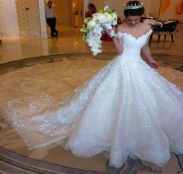 Gorgeous Off Shoulder Wedding Dresses Crystal Beaded Sequins Lace Appliques Bridal Dresses A Line Cathedral Train White Lace Weddi1539307