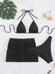 2023 New sexy special fabric pleated short skirt bikini three piece swimsuit for womens swimwear FKTK