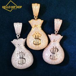 Gold Colour Dollar Bag Pendant For Men Hip Hop Necklace Chain Micro Pave Zircon Rock Rapper Jewellery
