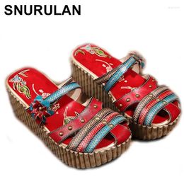 Slippers SNURULAN 2024 Summer Leather Cowhide Thick Bottom Flat Sandals National Candy Color Ladies Home Sponge Cake