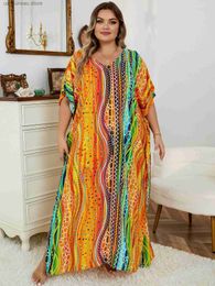 Basic Casual Dresses 2024 Boho Printed Kaftan Casual Summer Clothing Women Plus Size V-Neck Batwing Slve Beach Wear Maxi Dress Robe Sarong Q1476 T240412