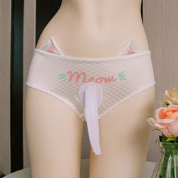Mens Cute Cat Sexy JJ Sleeve Lace Lingerie Sissy Pouch Panties Bikini Gay Underwear Elephant Nose Mens Thongs G String Knickers