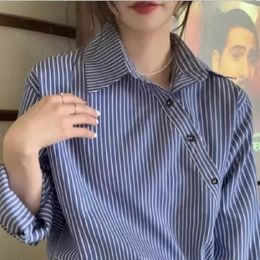 Sexy Lapel Oblique Open Buttons One Off Shoulder White With Blue Striped Print Pullover Shirt Women Full Sleeve Loose Blouses