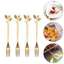 Dinnerware Sets 8pcs Stainless Steel Leaf Cake Dessert Fruit Picks Forks Kitchen Tool (Golden)