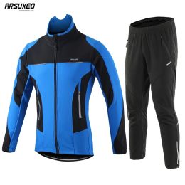 Pants ARSUXEO Men Winter Cycling Jacket Set Windproof Waterproof Warm Up Thermal Fleece MTB Jersey Bicycle Pants Bike Suits Reflective