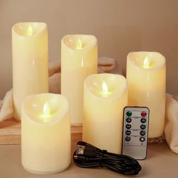 Remote LED Pillar Candle USB Rechargeable Atmosphere Light Timer For Wedding Party Yellow Bedside Night Lamp Tealight 20cm 240412