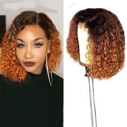 Curly Human Hair Ombre Brown Bob Wig Lace Front Human Hair Wigs 1b/30 Color Jerry Curly Bob 13x4 Full Lace Frontal Wigs