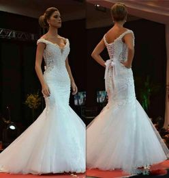 2019 Elegant Beaded Pearls Mermaid Wedding Dresses With Offshoulder Lace Up Back Sheath Wedding Bridal Gowns For Bride Vestidos1946931