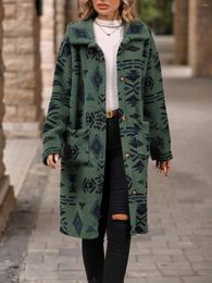 Women's Trench Coats Single Breasted National Style Plush Coat Winter Loose Long Fluffy Overcoat Outerwear Fashion Print Jacket For Women