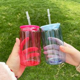 cold Wholesale bulk drink coffee cup Recyclable BPA free unbreakablea 5 colors mixed 16oz colored clear plastic can with pp lids for UV DTF wraps 4.23