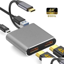 Usb Hubs Usb-C To 2Xhdtv Usb3.0 Type C 4 In 1 Adapter High Speed 4K 60Hz Resolution Support For Book Tablet Drop Delivery Computers Dhdly