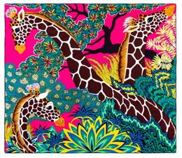 New 90cm90cm Manual Hand Rolled Twill Silk Scarf Women Three Giraffes Printing Square Scarves Foulards Femme Wrap Bandana Hijab7687904
