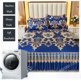 3 Pcs /lot Modern Royal Blue Bedspread Cool Bed Skirt Machine Washable Sheets Bed with Elastic Band for Queen King Size