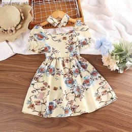 Girl's Dresses Dress Kids Girls 4-7 Years Floral Short Sleeve Dress For Girls With Separate False Collar Elegant Vacation Holiday Party Dress Y240412