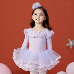 Stage Wear Girls Ballet Dance Tutu Dress Kids Long Sleeves Tulle Bowknot Skate Gymnastics Christmas Birthday Party Leotard Dancewear