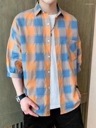 Men's Casual Shirts 2024 Fashion Plaid Shirt Men Summer Beach Hawaiian Seven Point Sleeve Plus Size Tops Blouse Male A70