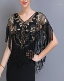Scarves Women 1920s Sequined Shawl With Tassels Beaded Pearl Fringe Sheer Mesh Wraps Gatsby Flapper Bolero Cape Cover Up13690406